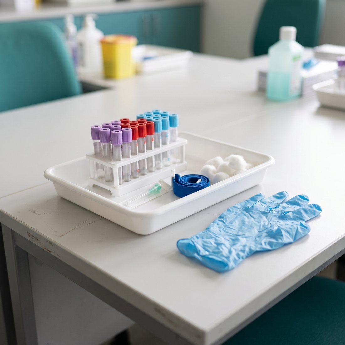 Puesto de toma de muestra listo: tubos de colores, torniquete, algodón y guantes nuevos