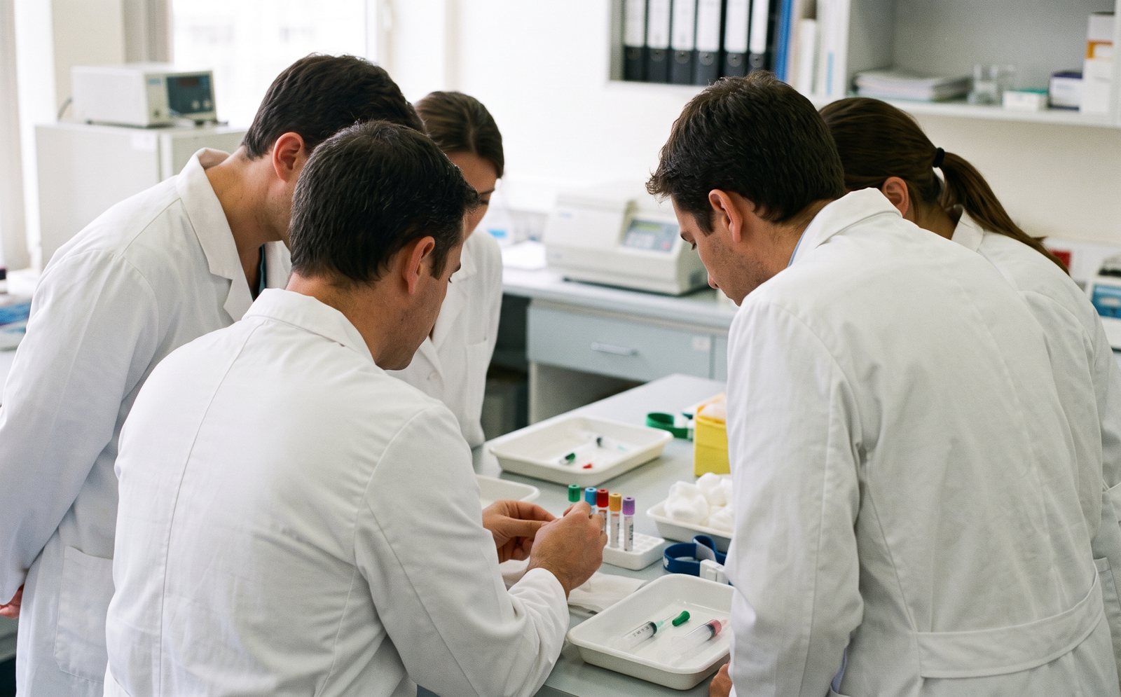 Grupo reducido de alumnos del curso practicando alrededor de la mesa de trabajo