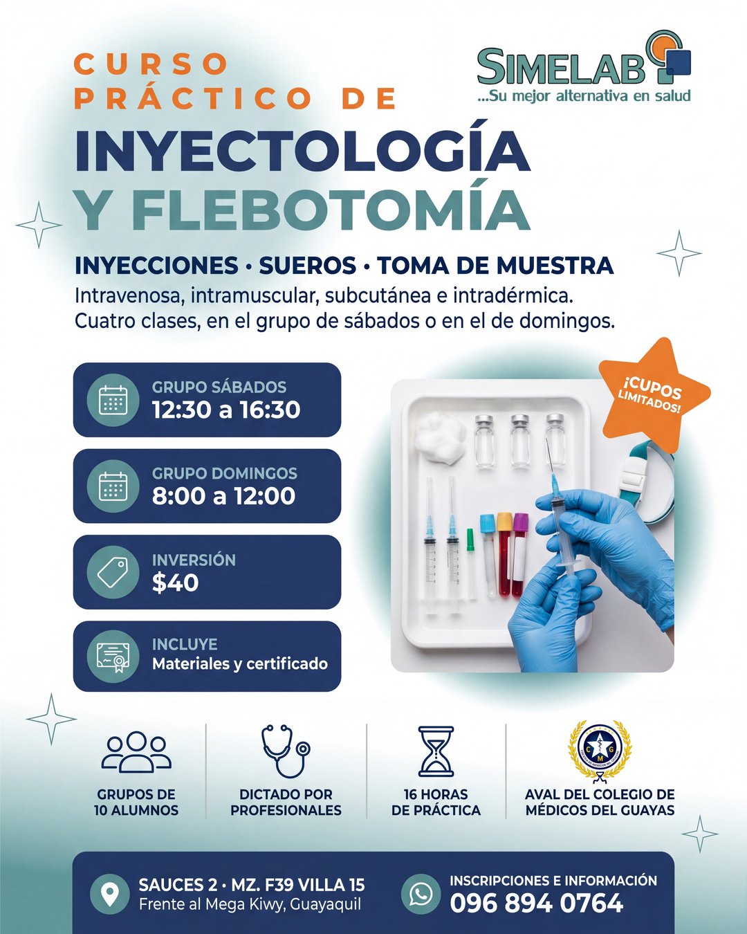 Curso práctico de inyectología y flebotomía en Simelab, Guayaquil