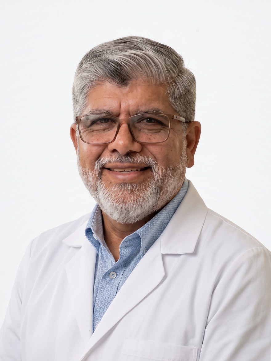 Retrato del Dr. Mauro García, con bata blanca.